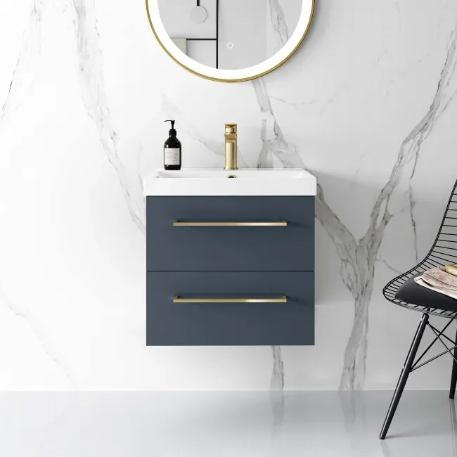 Elba Inky Blue Wall Hung Basin Drawer Vanity 500mm - Brushed Brass Accents