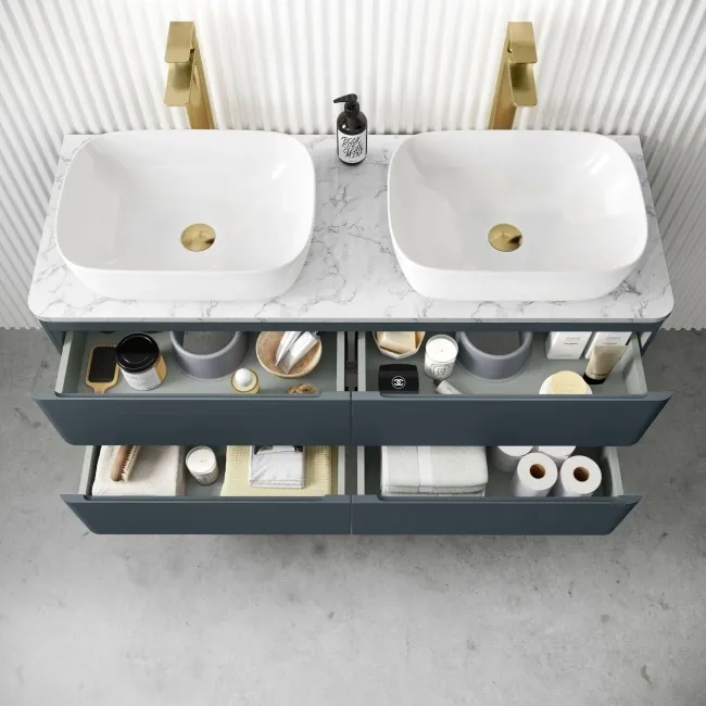 Corsica Inky Blue Wall Hung Drawer Vanity with Marble Top & Curved Counter Top Basin 1200mm