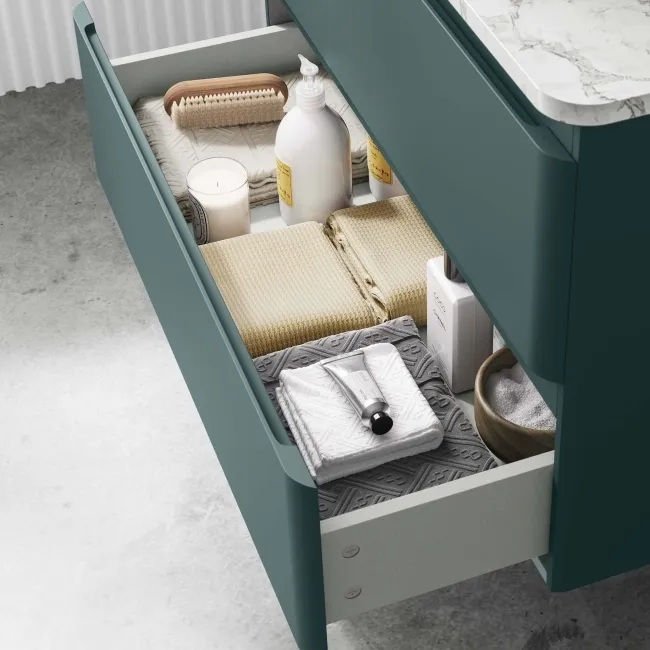 Corsica Midnight Green Wall Hung Drawer Vanity with Marble Top & Curved Counter Top Basin 800mm