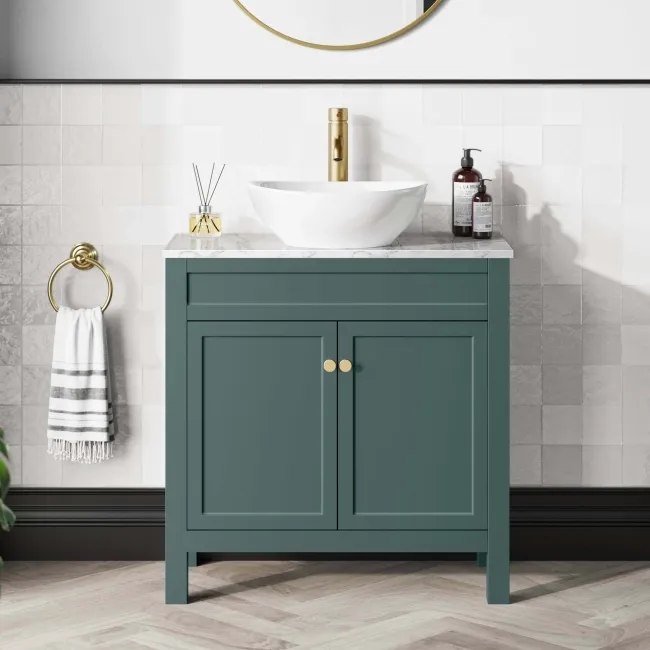 Bermuda Midnight Green Vanity with Marble Top & Oval Counter Top Basin 800mm - Brushed Brass Accents