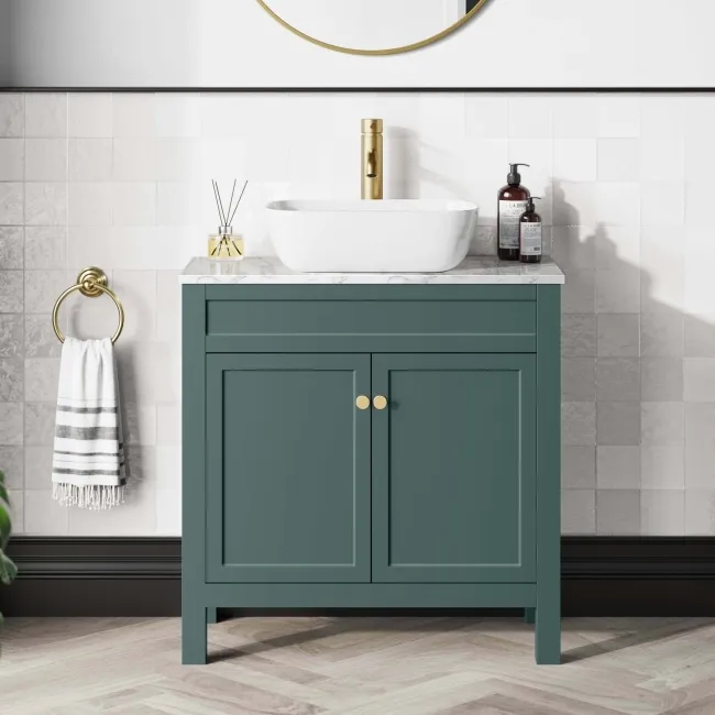 Bermuda Midnight Green Vanity with Marble Top & Curved Counter Top Basin 800mm - Brushed Brass Accents