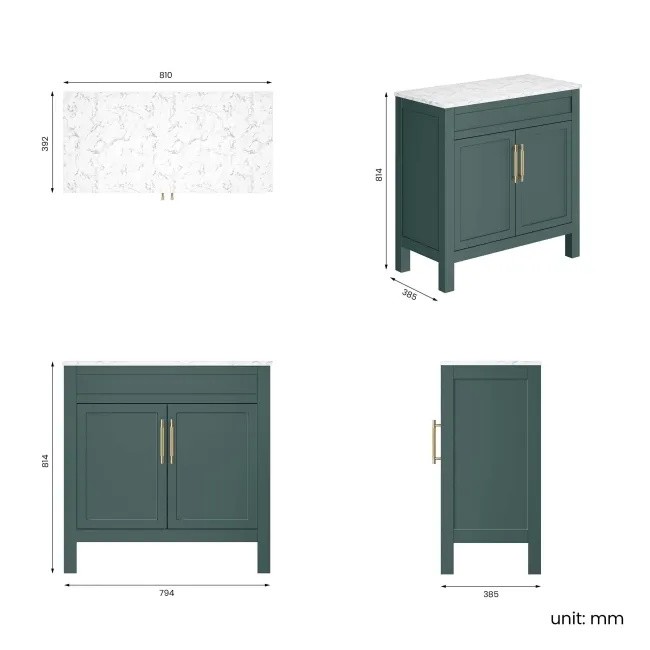 Bermuda Midnight Green Cabinet with Marble Top 800mm (Excludes Counter Top Basin) - Brass Knurled Handles