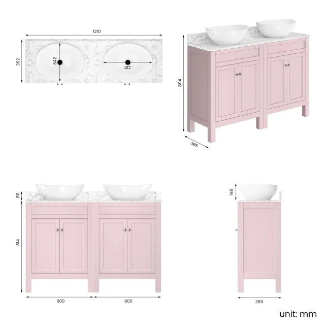 Bermuda Cashmere Pink Vanity with Marble Top & Oval Counter Top Basin 1200mm