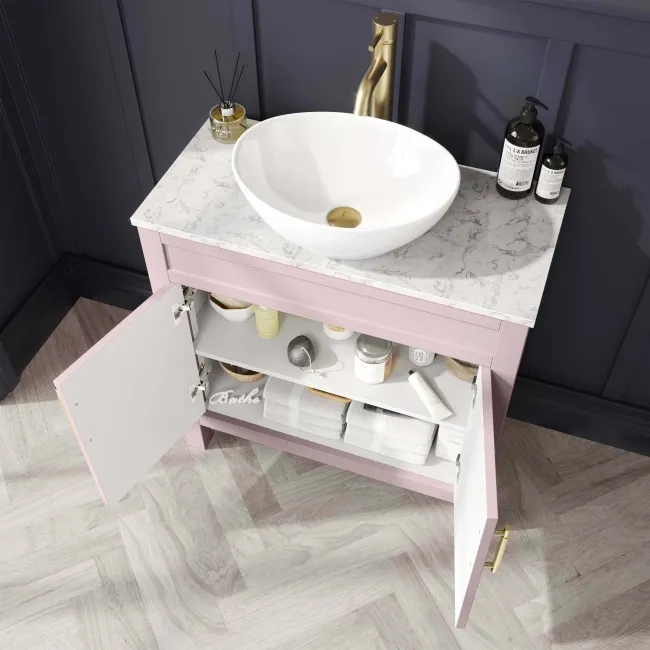 Bermuda Cashmere Pink Vanity with Marble Top & Oval Counter Top Basin 800mm - Brass Knurled Handles