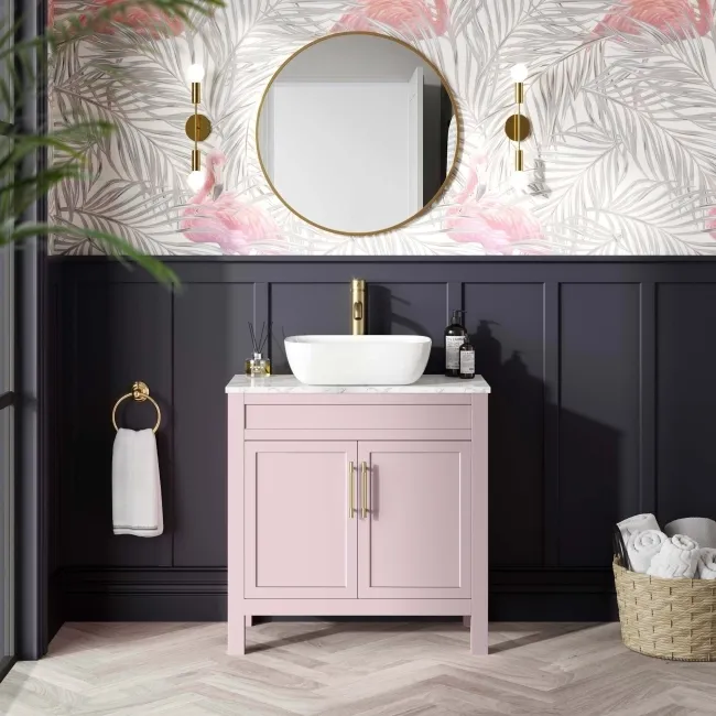 Bermuda Cashmere Pink Vanity with Marble Top & Curved Counter Top Basin 800mm - Brass Knurled Handles