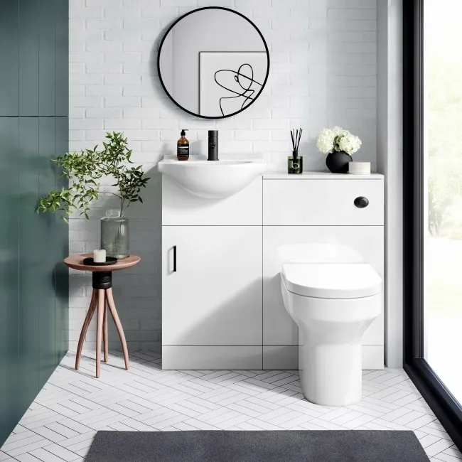 Quartz Gloss White Cloakroom Vanity with Semi Recessed Basin 450mm - Black Accents