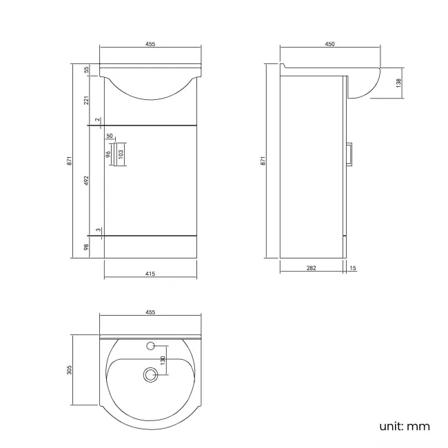 Quartz Gloss White Cloakroom Vanity with Semi Recessed Basin 450mm - Black Accents