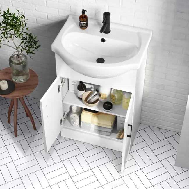 Quartz Gloss White Vanity with Semi Recessed Basin 550mm - Black Accents