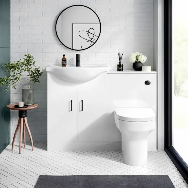 Quartz Gloss White Vanity with Semi Recessed Basin 650mm - Black Accents