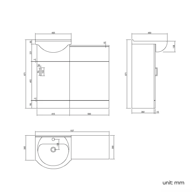 Quartz Gloss White Basin Vanity and Back To Wall Toilet Unit 950mm (Excludes Toilet) - Black Accents
