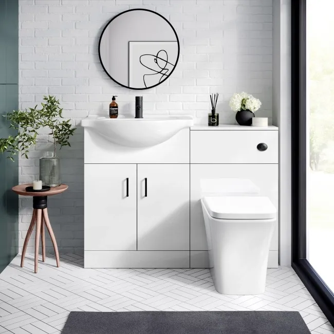 Quartz Gloss White Combination Vanity Basin and Houston Toilet 1150mm - Black Accents