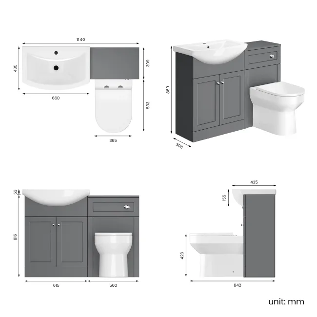 Capri Fog Grey Combination Vanity Basin and Miami Toilet 1150mm - Chrome Handles