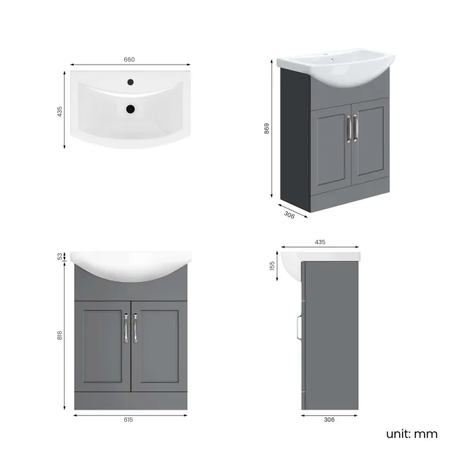 Capri Fog Grey Vanity with Semi Recessed Basin 650mm - Traditional Handles