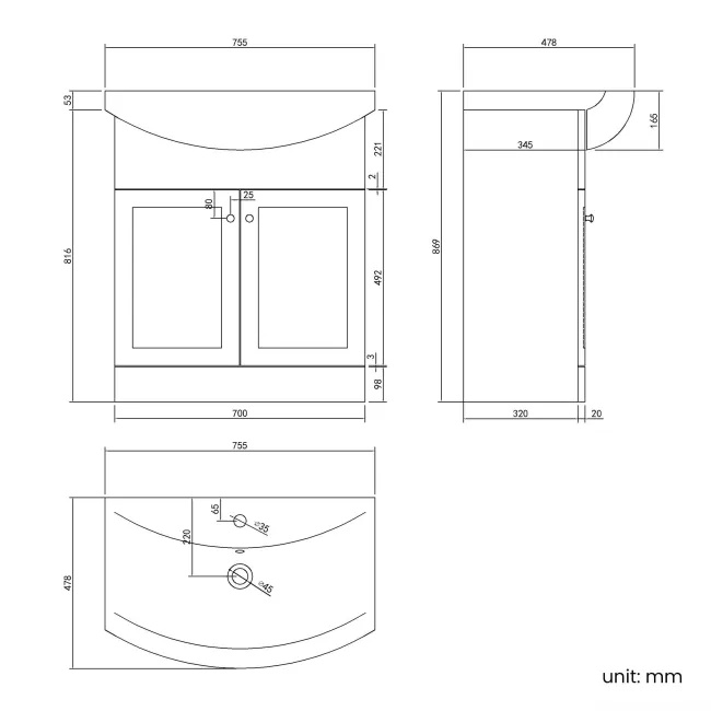 Capri Slate Grey Vanity with Semi Recessed Basin 750mm - Brushed Handles