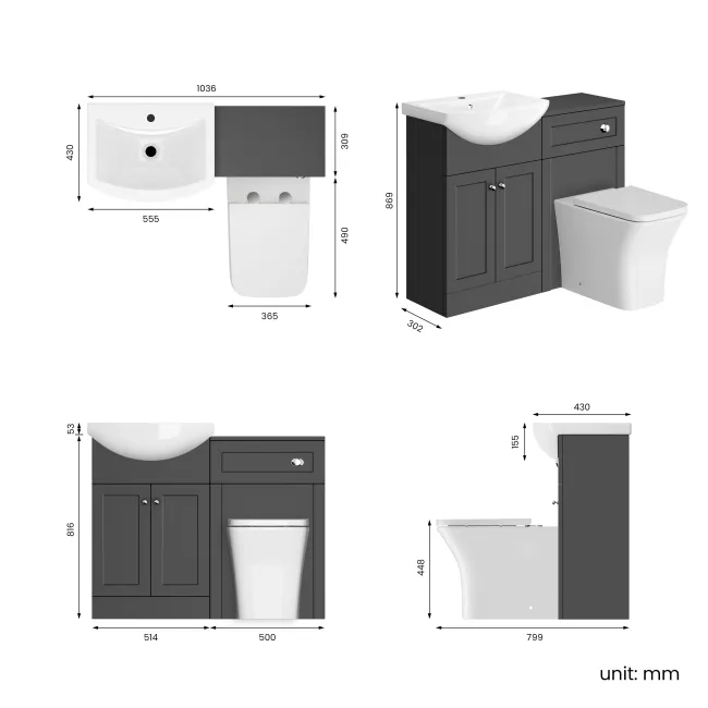 Capri Slate Grey Combination Vanity Basin and Houston Toilet 1050mm - Chrome Handles