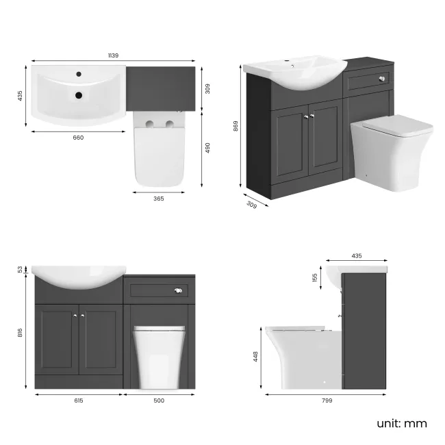 Capri Slate Grey Combination Vanity Basin and Houston Toilet 1150mm - Chrome Handles