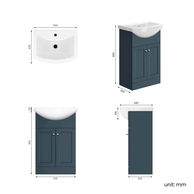Capri Navy Blue Vanity with Semi Recessed Basin 550mm - Chrome Handles