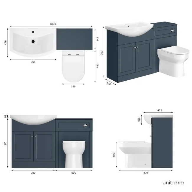 Capri Navy Blue Combination Vanity Basin and Miami Toilet 1350mm - Chrome Handles