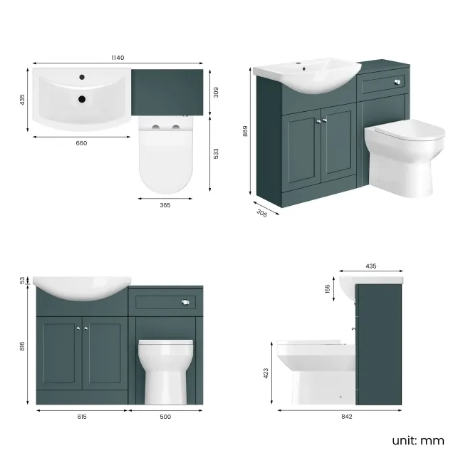 Capri Mystic Green Combination Vanity Basin and Miami Toilet 1150mm - Chrome Handles