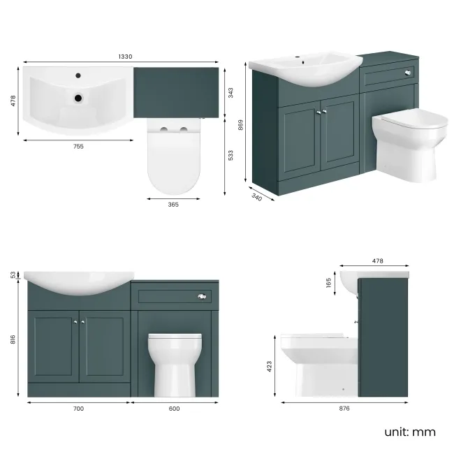 Capri Mystic Green Combination Vanity Basin and Miami Toilet 1350mm - Chrome Handles