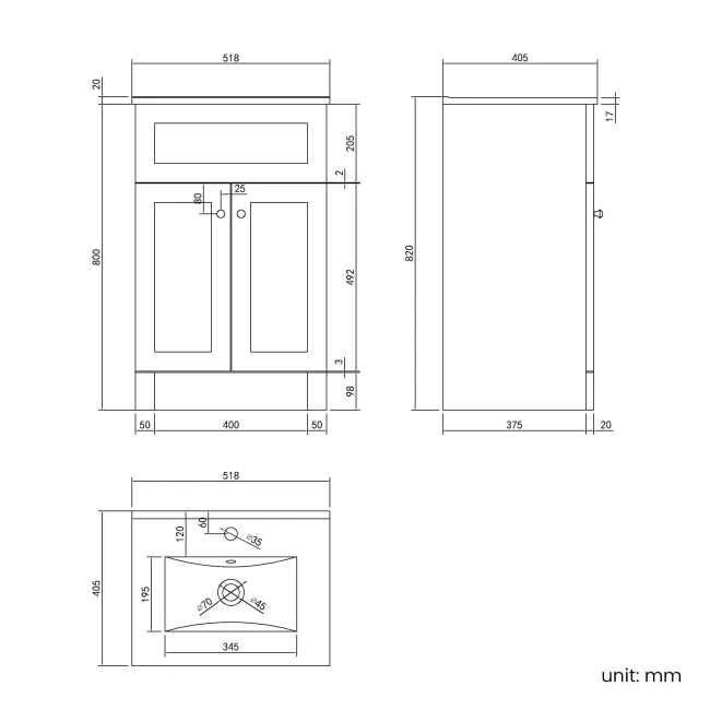 Milos Cotton White Basin Vanity 500mm - Brushed Handles