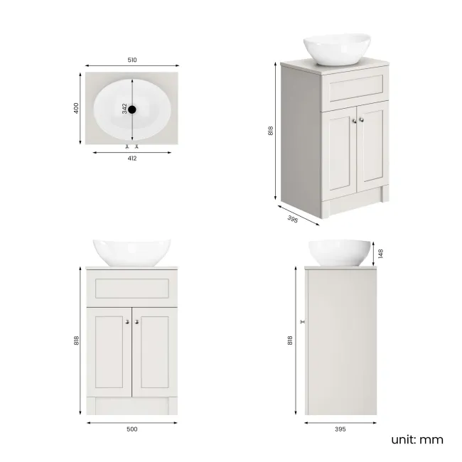 Milos Cotton White Vanity with Oval Basin 500mm - Brushed Handles
