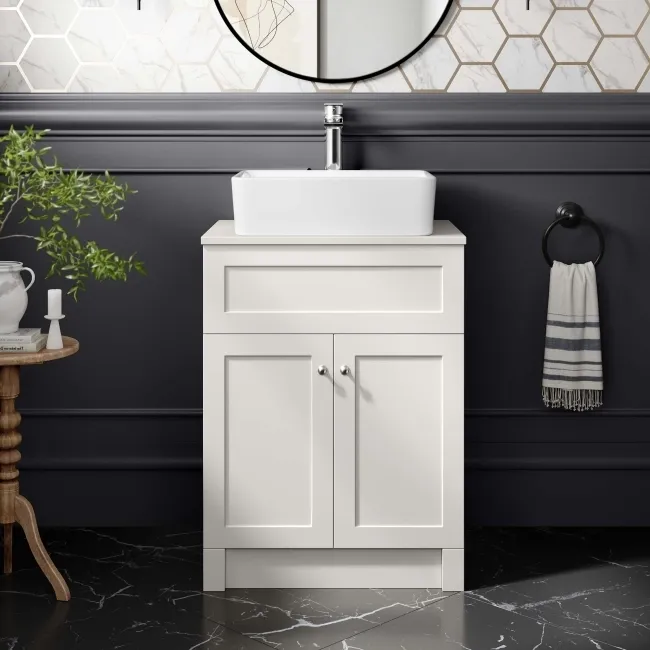 Milos Cotton White Vanity with Troy Basin 600mm - Brushed Handles