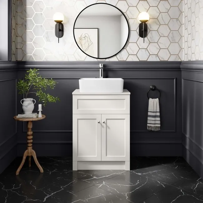 Milos Cotton White Vanity with Troy Basin 600mm - Brushed Handles