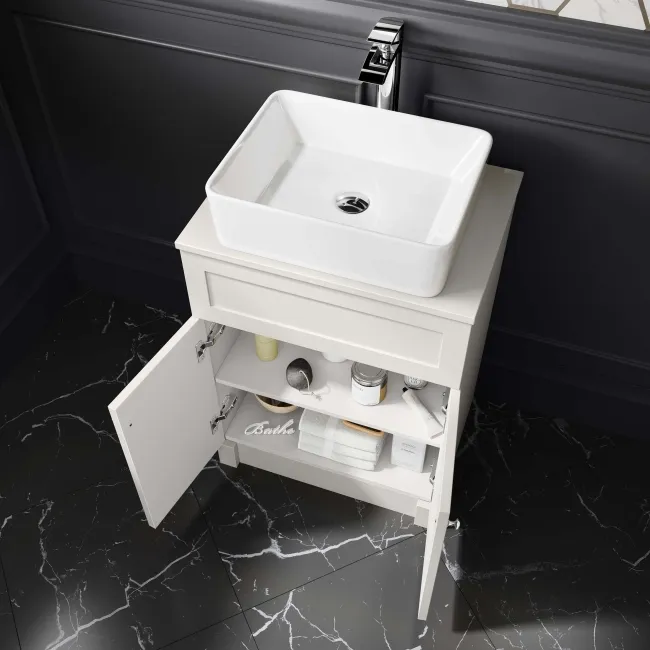 Milos Cotton White Vanity with Troy Basin 600mm - Brushed Handles