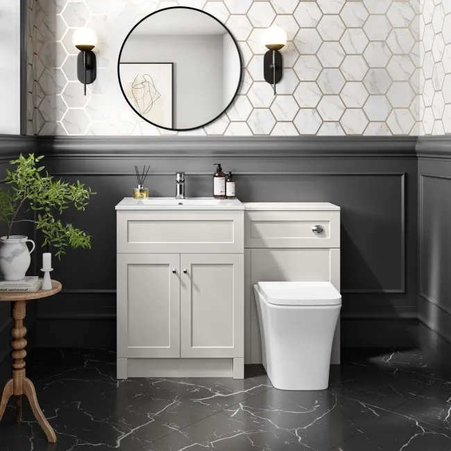 Milos Cotton White Combination Vanity Basin and Houston Toilet 1100mm - Chrome Handles