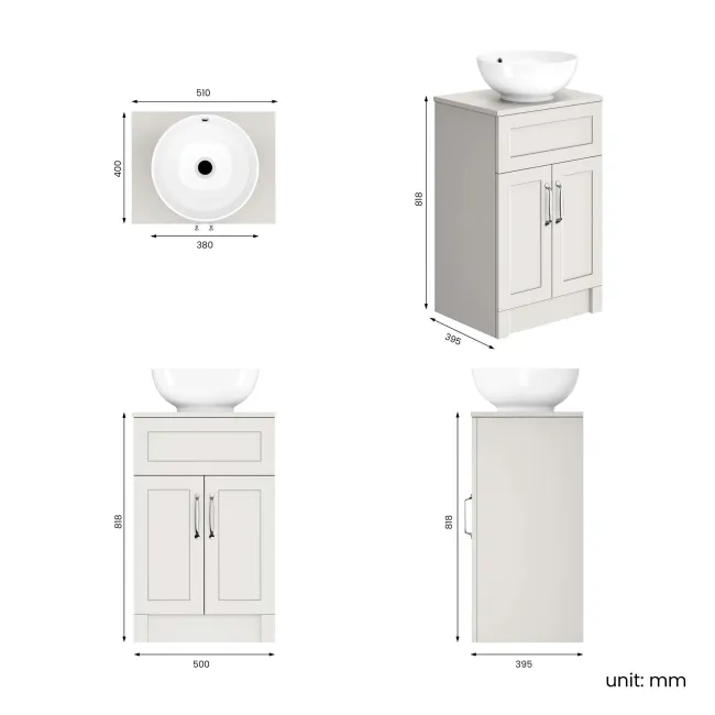 Milos Cotton White Vanity with Mesa Basin 500mm - Traditional Handles