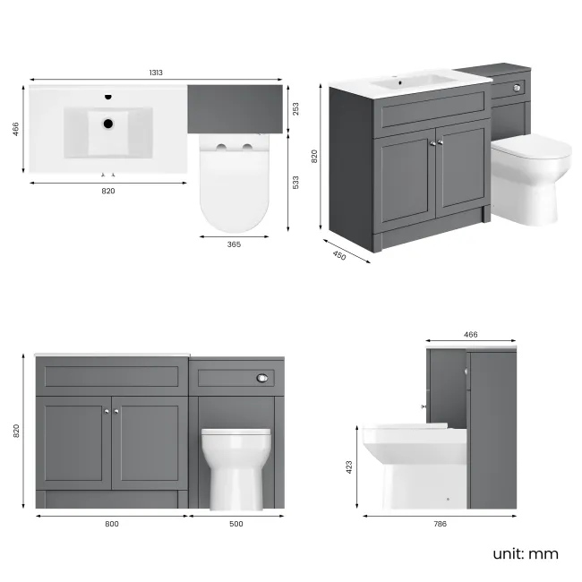 Milos Fog Grey Combination Vanity Basin and Miami Toilet 1300mm - Chrome Handles