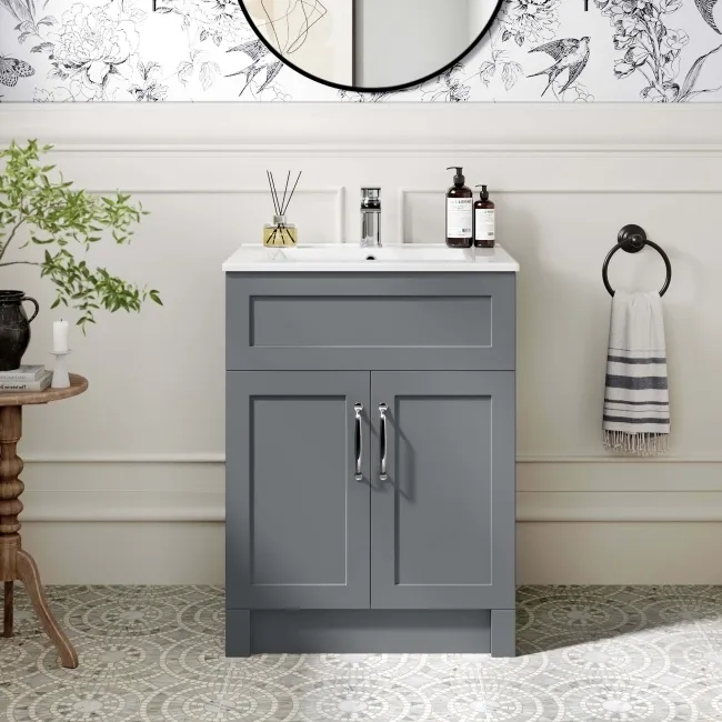 Milos Fog Grey Basin Vanity 600mm - Traditional Handles