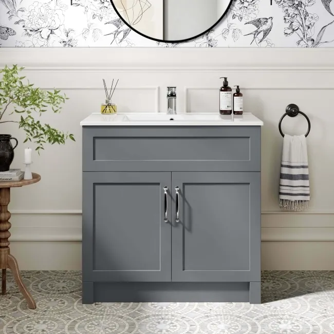 Milos Fog Grey Basin Vanity 800mm - Traditional Handles