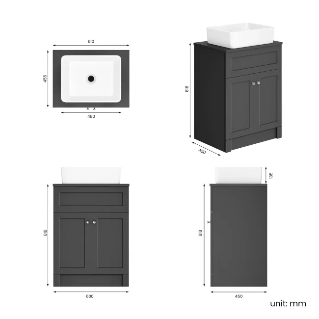 Milos Slate Grey Vanity with Troy Basin 600mm - Brushed Handles