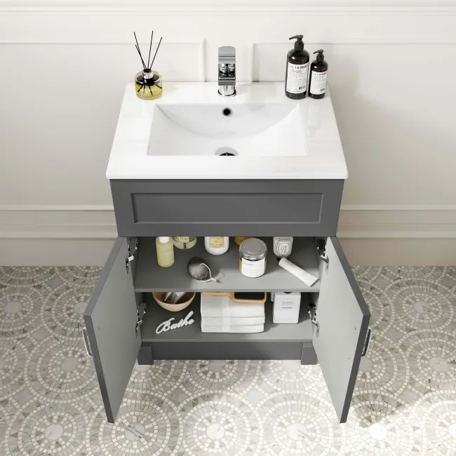 Milos Slate Grey Basin Vanity 600mm - Traditional Handles
