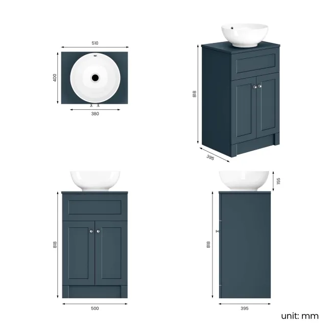 Milos Navy Blue Vanity with Mesa Basin 500mm- Brushed Handles