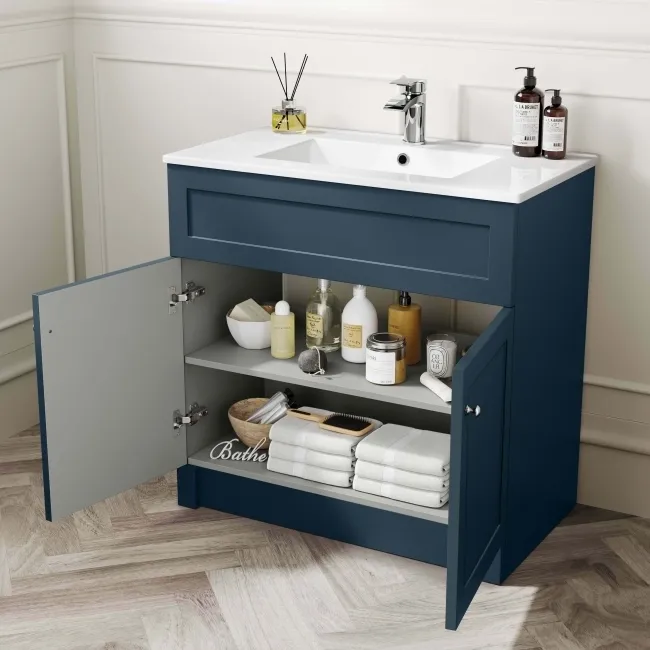 Milos Navy Blue Basin Vanity 800mm - Brushed Handles