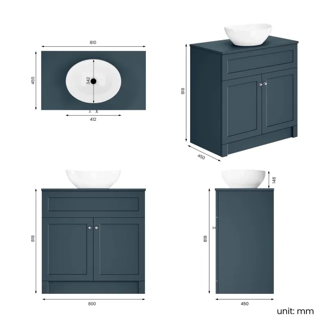 Milos Navy Blue Vanity with Oval Basin 800mm - Brushed Handles