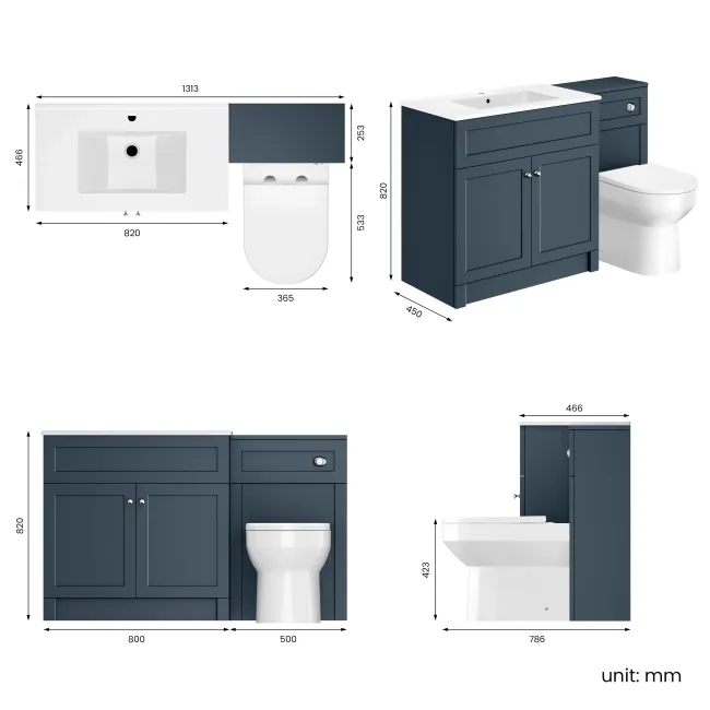 Milos Navy Blue Combination Vanity Basin and Miami Toilet 1300mm - Chrome Handles