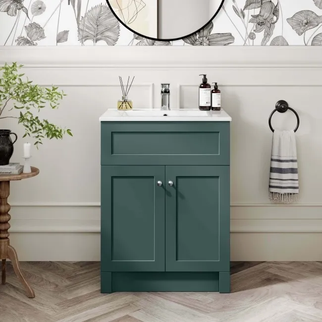 Milos Mystic Green Basin Vanity 600mm - Brushed Handles