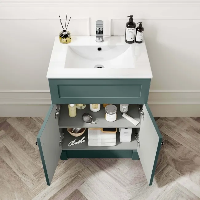 Milos Mystic Green Basin Vanity 600mm - Brushed Handles