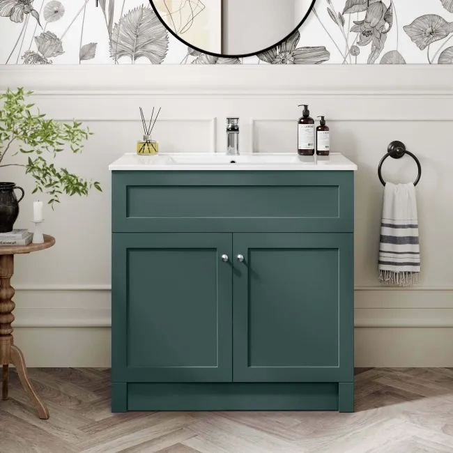 Milos Mystic Green Basin Vanity 800mm - Brushed Handles