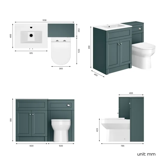Milos Mystic Green Combination Vanity Basin and Miami Toilet 1100mm - Chrome Handles