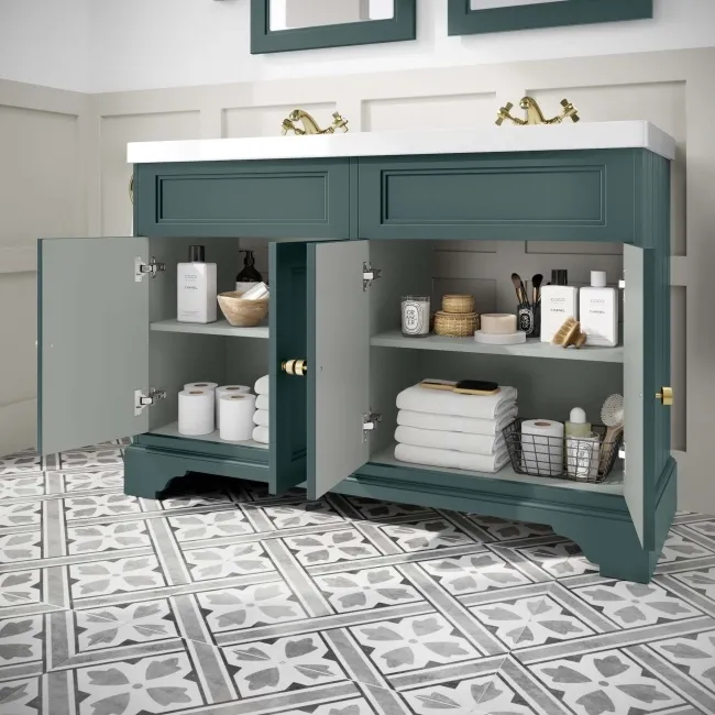Lucia Midnight Green Double Basin Vanity 1200mm - Brushed Brass Accents
