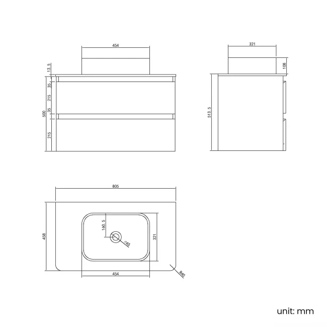 Corsica Tungsten Grey Wall Hung Drawer Vanity with Marble Top & Marin Basin 800mm