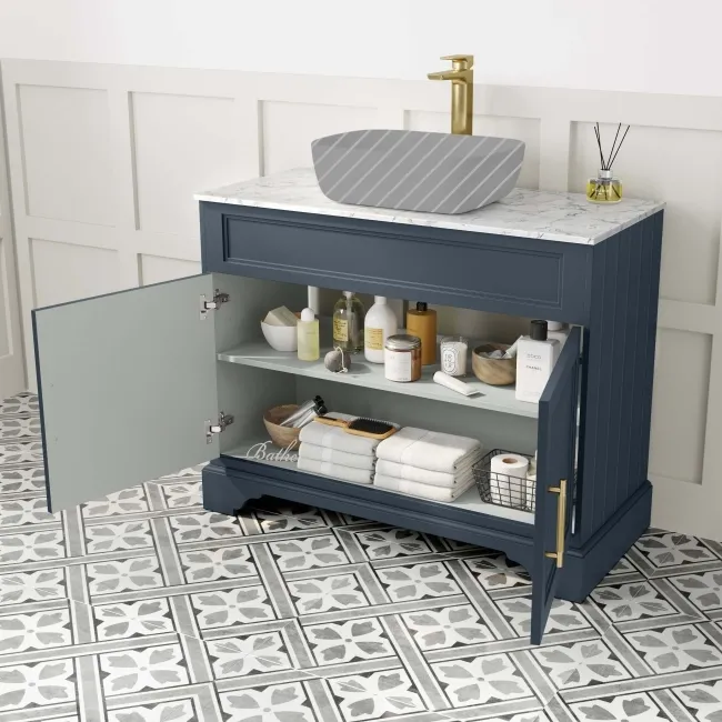 Lucia Inky Blue Cabinet with Marble Top 1030mm (Excludes Counter Top Basin) - Brass Knurled Handles