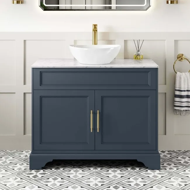 Lucia Inky Blue Vanity with Marble Top & Oval Counter Top Basin 1030mm - Brass Knurled Handles