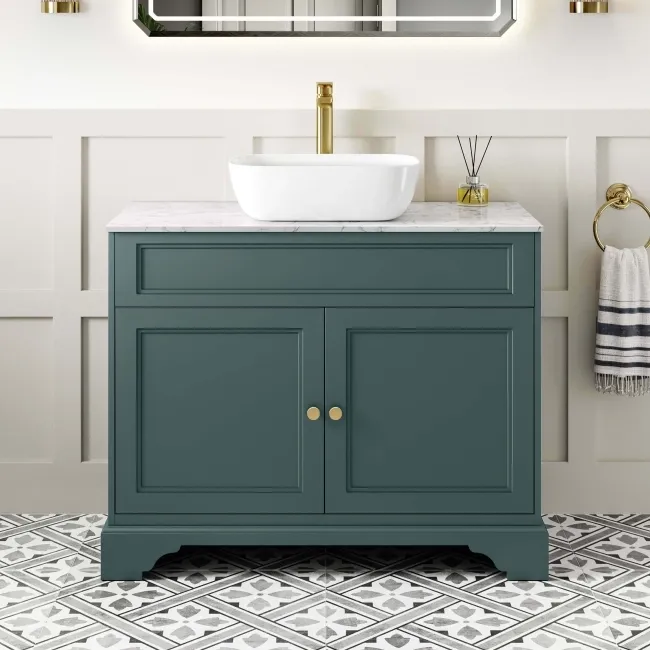 Lucia Midnight Green Vanity with Marble Top & Curved Counter Top Basin 1030mm - Brushed Brass Accents
