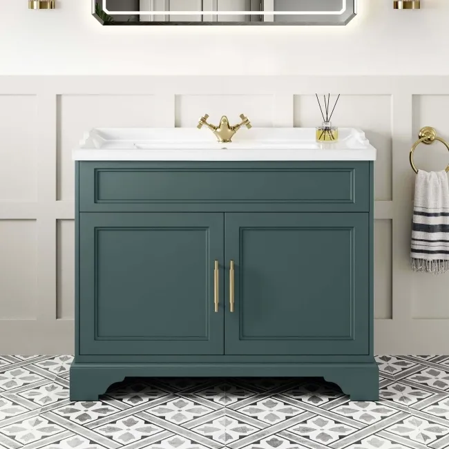 Lucia Midnight Green Basin Vanity 1030mm - Brass Knurled Handles